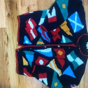 Vintage handknit blue cardigan sweater flags gold buttons